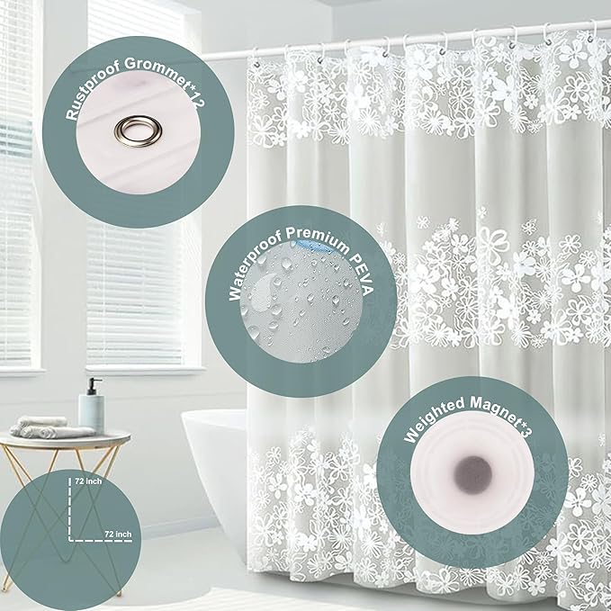 Plastic Shower Curtain Liner, Premium PEVA 6G White Vine Flower Shower Curtain, Shower Curtains for Bathroom with 3 Magnetic Weights and Rustproof Grommets (White Vine Flower, 72x72 in)