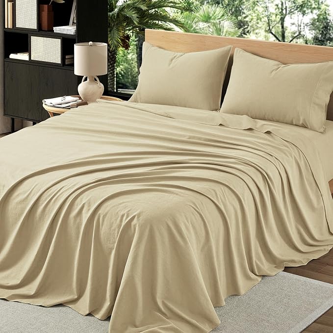 3Pcs Organic Linen Sheets Twin Size, 100% French Linen from Normandy, Breathable Linen Yellow Twin Sheet Set with 16 Inch Deep Pocket, 1 Flat Sheet, 1 Fitted Sheet, 1 Pillowcases