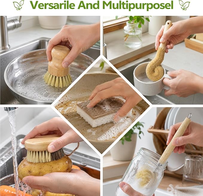 GREENTH PRO 9-Piece Bamboo Dish Brush Set with Natural Coconut Sponges | Dish Brush,Coconut Bottle Brush,Natural Kitchen Cleaning Set