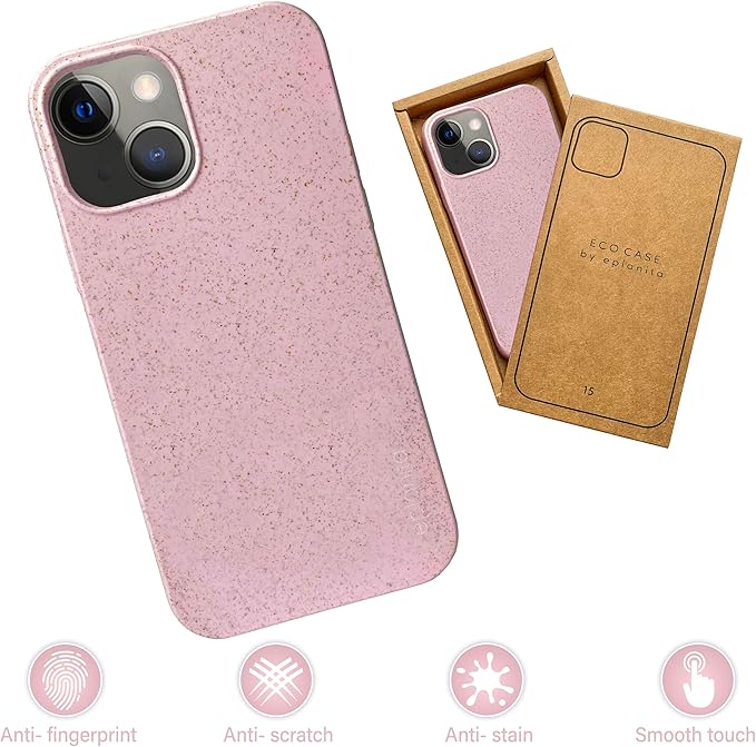 eplanita Eco Mobile Phone Case Compatible with iPhone 15, Plant Fiber, Drop Protection Cover, Durable and Sustainable (for iPhone 15, Pink)