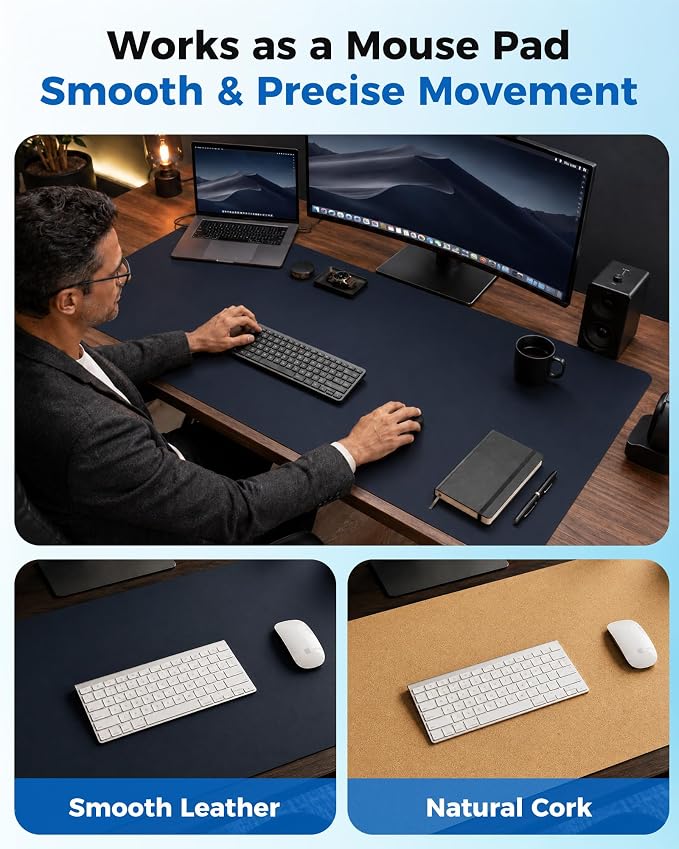 Aothia Dual-Sided Desk Mat, FSC Cork & PU Leather Desk Pad, Large Mouse Pad & Writing Surface for Daily Workspace Setup, Non-Slip Waterproof Desk Protector - 35.4" x 15.7", Dark Blue