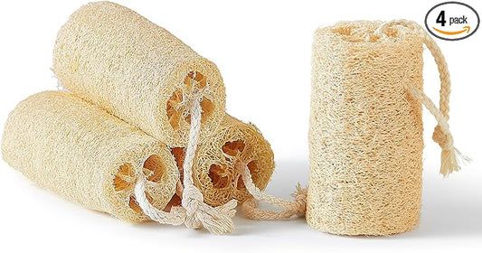 Reemix Natural Loofah Exfoliating Body Scrubber 4-Piece Long Cylinder Set - Large Home & Shower Sponge for Face & Body, Eco-Friendly Bath Tool for Gentle Exfoliation, Spa-Like Experience at Home