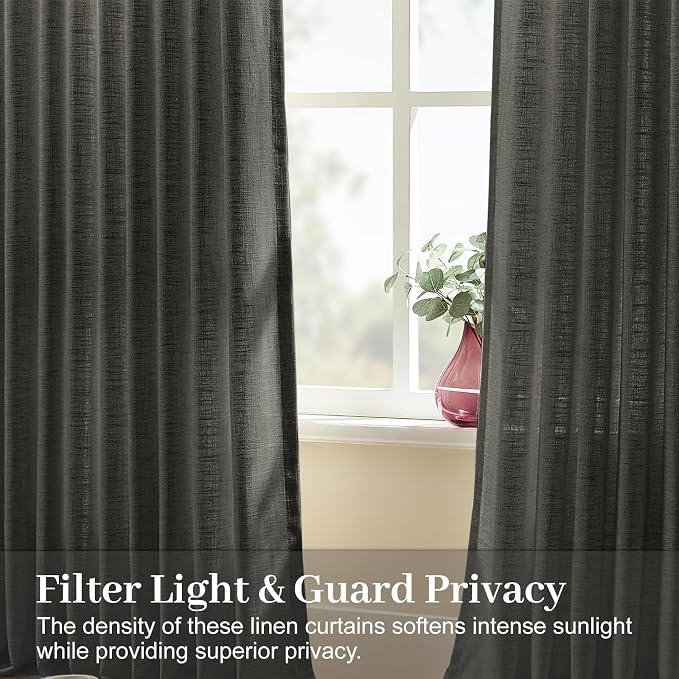 96 Inch Linen Curtains for Living Room, Pinch Pleated Semi Sheer Curtain Rustic Textured Light Filtering Back Tab Drapes with Hooks Rings for Bedroom Farmhouse, Charcoal Grey, W40xL96, 2 Panels