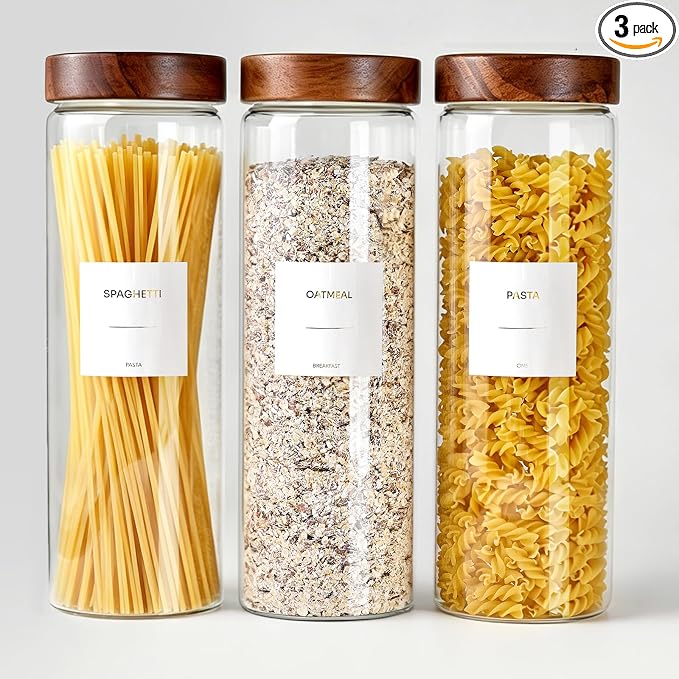 Glass Pasta Storage Containers with Sealing Bamboo Airtight Lid, 70oz Glass Jar with Lid Spaghetti Container Food Storage for Pasta, Noodles, Cereal