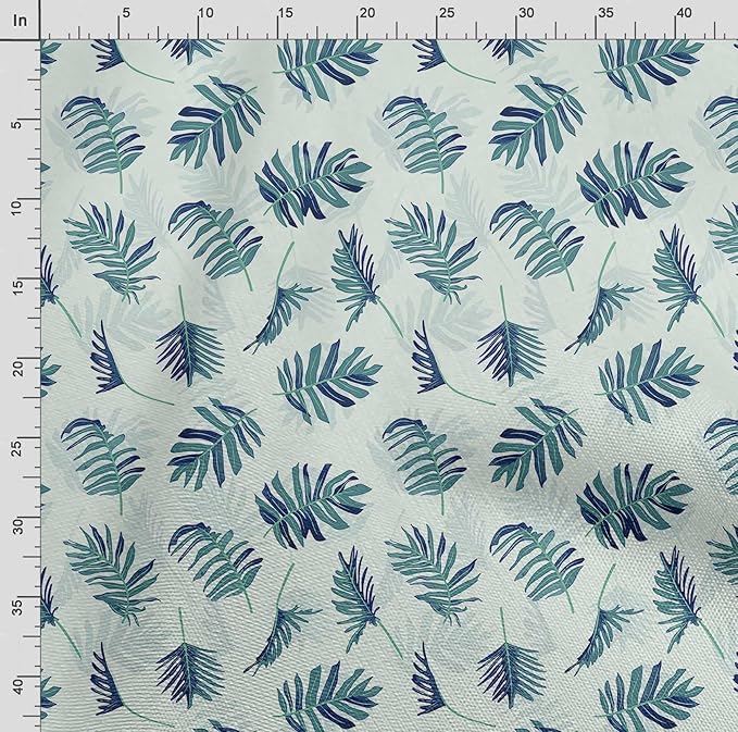 Soimoi Silky Satin Fabric Material, 1 Yard - 42" Inch Width, Blue - Leaves Print - Soft Shiny Fabric for Dress, Pillowcases, Pajamas, Evening Dress, DIY