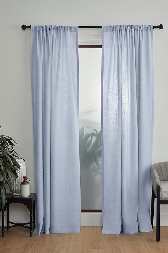 Solino Home Chambray Blue Linen Curtain 132 Inches Long, Light Filtering Rod Pocket Curtain 52 x 132 Inch, 100% Pure Linen European Flax Window Treatment for Living Room, Bedroom - 1 Panel