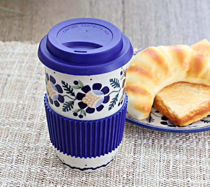 Blue Rose Polish Pottery - Yellow Sunflower Travel Coffee Mug - 12 oz - Mug for On-The-Go, Fits Most Car Cup Holders