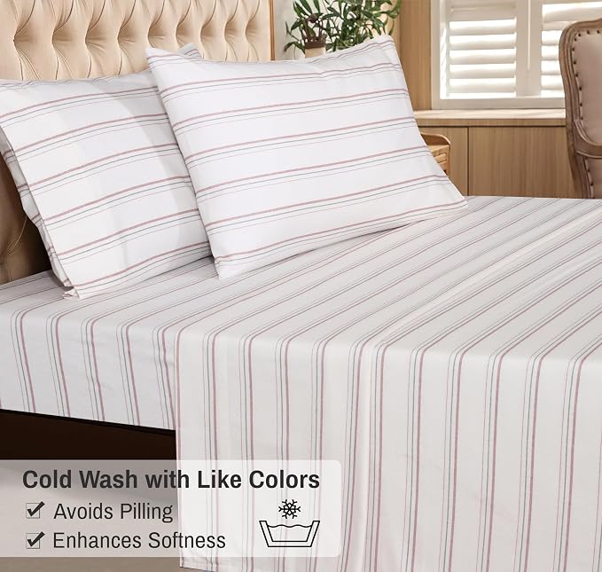 RUVANTI Flannel Sheets Full Size - 100% Cotton Double Brushed Bed Sheets Set, Deep Pockets 16 Inches, All Seasons Breathable & Extra Soft Full Sheets, Warm & Cozy, 4 Piece, Twill Stripe