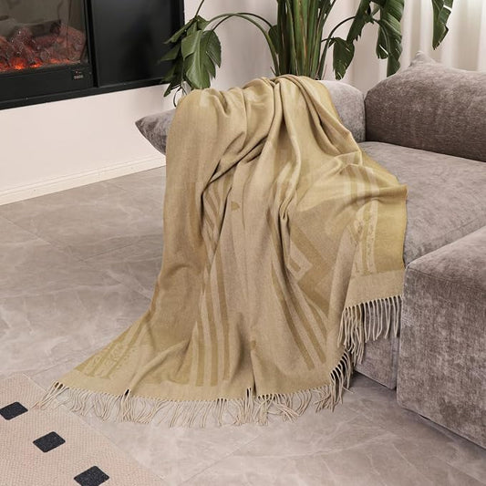 Pure Wool Jacquard Throw Blanket with Tassels, Large 55x83 inches, 1.5 lbs,Soft & Warm Lambswool Knee Throw Blanket for Couch Bed Outdoor Travel, Yellow Wool Throw