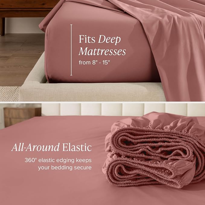 Bare Home 100% Organic Cotton Split King Sheet Set - Crisp Percale Weave - Lightweight & Breathable - Bedding Sheets & Pillowcases (Split King, Dusty Rose)