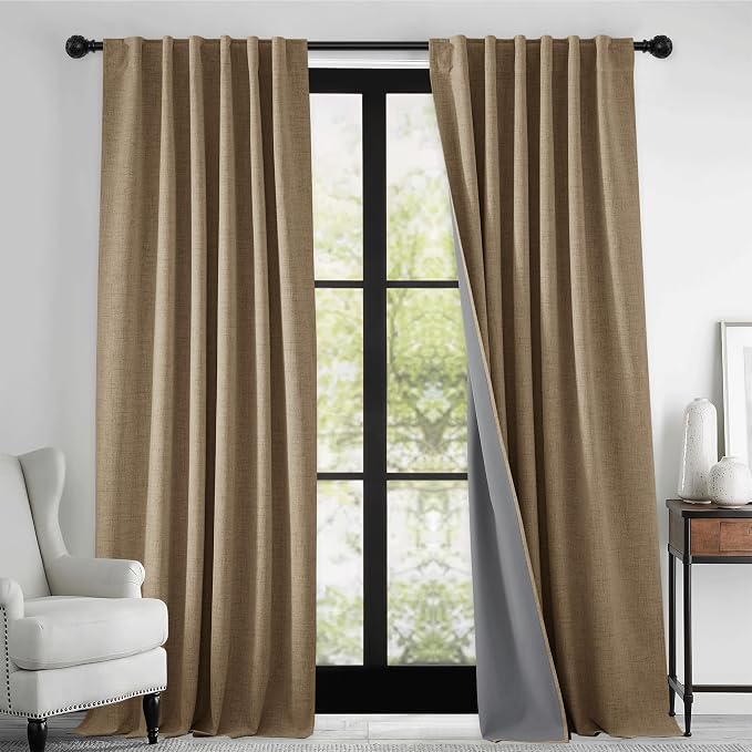 RYB HOME Linen Textured 100% Blackout Curtains for Bedroom, Insulating Energy Saving Window Curtains for Living Room Dining Patio Sliding Glass Door, Wide 52 x Long 90 inch, Burlap, 2 Panels