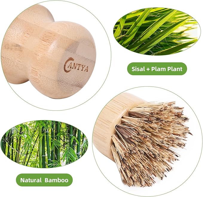 6 Packs Bamboo Dish Scrubber - Hard Bristle, Plastic Free Dish Brush Union Fiber and Tampico Fiber Bamboo Wok Brush for Washing Cast Iron Pan/Pot