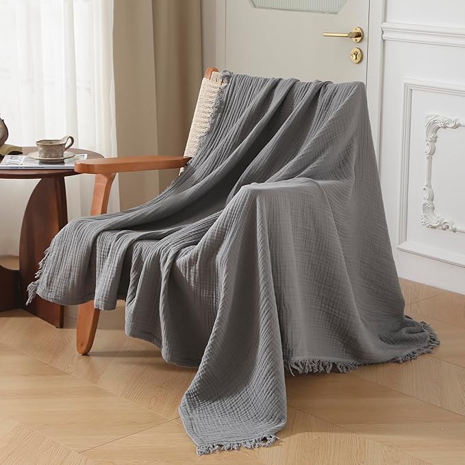 KyraHome 100% Cotton Throw Blanket for Couch, 60"x80" Large Muslin Blankets for Adults, Plant-Dyed, Breathable Cozy Lightweight Summer Blanket, Picnic, Travel, All Season, Dark Grey