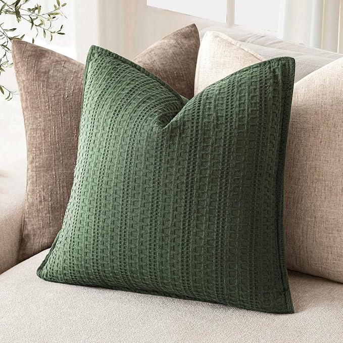 Foindtower Set of 2 Decorative Cotton Waffle Weave Throw Pillow Covers Euro Shams Cushion Covers Accent European Pillowcase for Bed Couch Sofa Bedroom Living Room Home Decor 26×26 Inch Dark Green