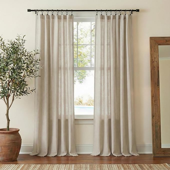 NICETOWN Semi Sheer Curtains 84 inches Long, Rod Pocket & Back Tab Linen Blend Light Filtering Window Treatments Privacy Added Drapes for Living Room, Cocoa Cream, W55 x L84, 2 Panels
