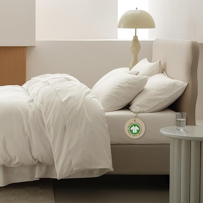 Double Stitch Organic Cotton Queen Bundle: 4-Piece Sheet Set & 3-Piece Duvet Cover, 300 TC Sateen Weave, GOTS Certified Long Staple Cotton, Made in India, Coconut Milk