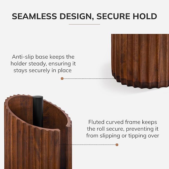 Anji Mountain Wooden Paper Towel Holder Countertop with Mango Wood Round Base and Iron Holder, Holder Stand for Kitchen Roll Organizer & Kitchen Dining Table Home Decor - Walnut/Black, Fluted