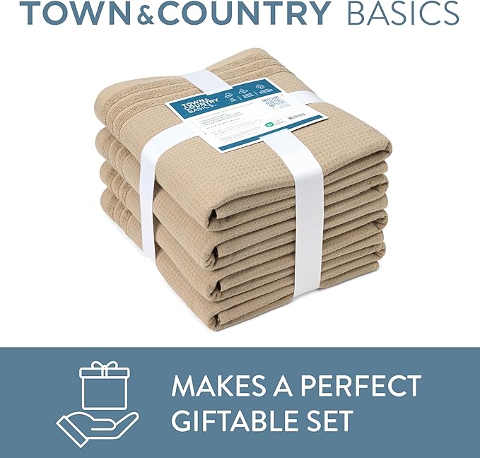 Town & Country Basics 4-Piece Waffle Woven Terry Stripe Bath Towel Set, 30x56-Inch, 100% Cotton, Quick Dry, Taupe