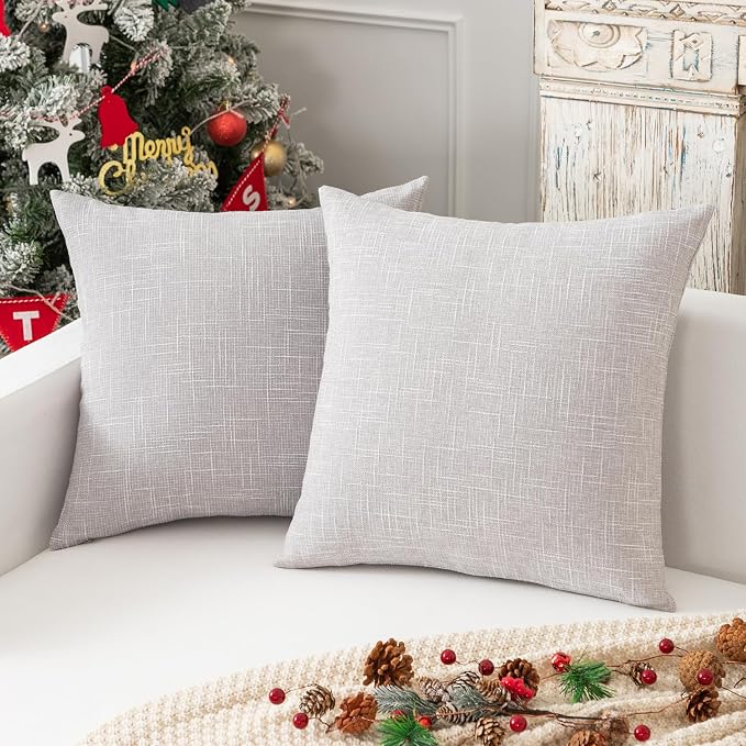 Kevin Textile Faux Linen Home Decorative Hand Made Cushion Cover Pillowcase for Nap, Hidden Zipper, 18"x18" (2 Pieces, Grey White)