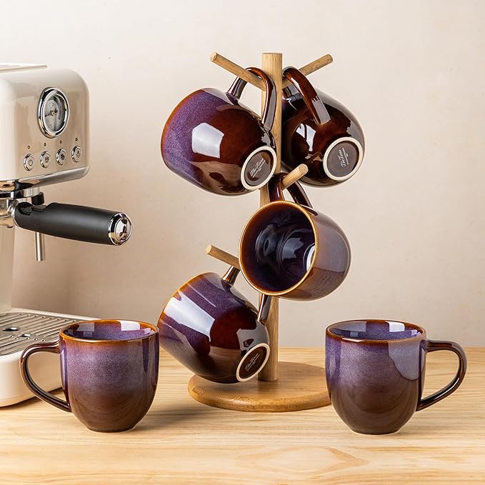 theterra Ceramic Coffee Mugs Set of 6, 12oz Handmade Coffee Cups with Handle for Latte, Tea, Milk, Beer, Hot Cocoa, Amber Amethyst