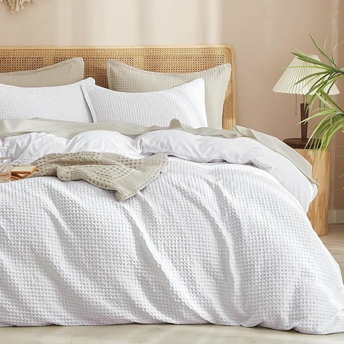 PHF Waffle Weave Duvet Cover Set Queen Size, No Snagging Ultra Soft Luxury Textured Breathable Comforter Cover for All Season 3pcs, Durable Bedding Duvet Set with 2 Pillow Shams, 90"x90", White