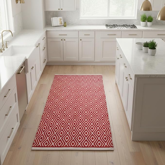 Chenille Cotton Diamond Runner Rug 2x5 Feet - Red, Reversible Washable Soft Floor Runners Ideal for Kitchen, Hallway, Bedroom, Bathroom | Farmhouse Boho Indoor Use Rugs for Patio Décor