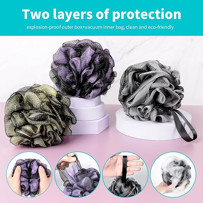 BCKENEY Bath Loofah Shower Sponge Body Back Scrubber Soft Mesh Shower Puffs Exfoliating Loofa for Women & Men Bath Accessories Cleaning Tool (Pack of 4 60G Loofah, Dark Elf)