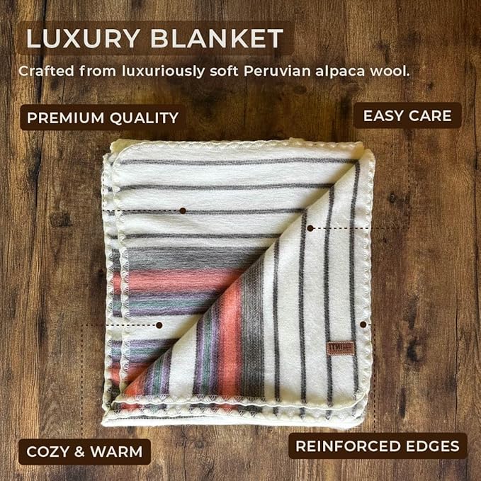 Alpaca Wool Throw Blanket | Ultra Soft, Lightweight, Warm, Breathable, Non-Itchy | Classic, Elegant-Minimalist Design for Bed, Couch, Travel, or Gift | 64" L x 45" W (Fire Tones)