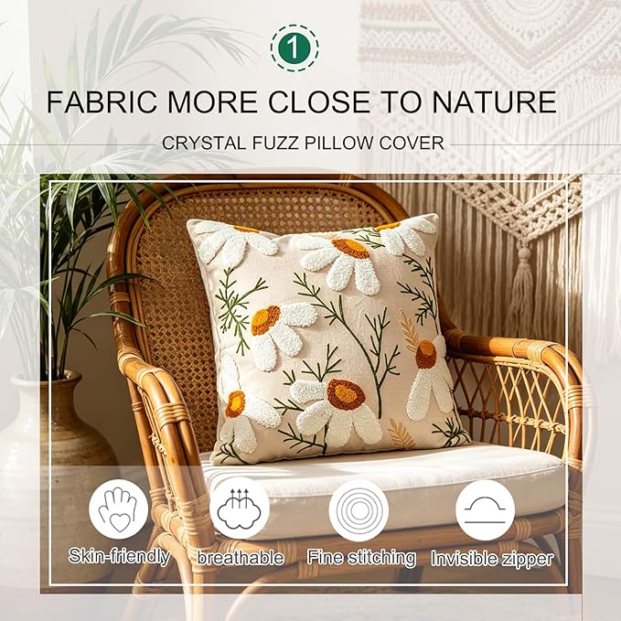 Embroidered Throw Pillow Cover 18x18 Inch,Cotton Canvas Floral Pillow Case, Daisy Wildflower Leaf Boho Farmhouse Decorative Cushion Square for Sofa Bedroom Living Room Outdoor Couch (A006)