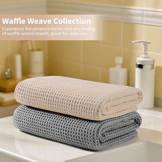 MICROFI New Microfiber Waffle Bath Towels, 2 Pieces, Soft, Absorbent, Fast Drying, Lint Free 430 GSM (Gray+Champagne)