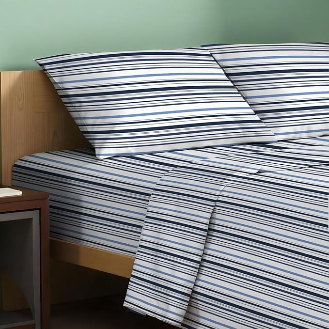 TEXAS LINEN CO. 100% Organic Cotton Sheets Twin XL Size - 3 PC Organic Cotton Percale Printed Sheets Twin XL Set (Variegated Stripe), Soft Bedsheets, 16" Deep Pocket Hotel Bedding - GOTS Certified