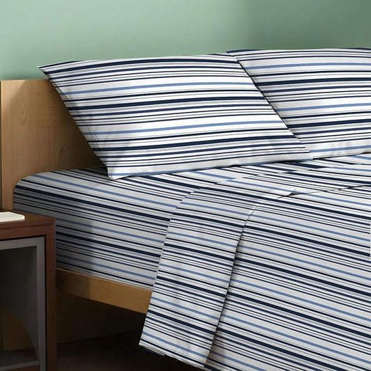 TEXAS LINEN CO. 100% Organic Cotton Sheets Twin XL Size - 3 PC Organic Cotton Percale Printed Sheets Twin XL Set (Variegated Stripe), Soft Bedsheets, 16" Deep Pocket Hotel Bedding - GOTS Certified