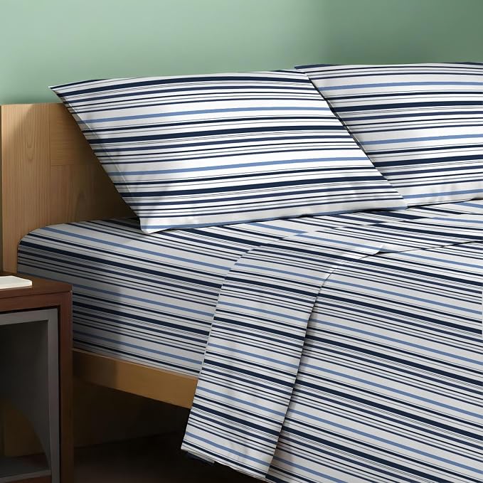 TEXAS LINEN CO. 100% Organic Cotton Sheets Queen Size - 4 PC Organic Cotton Queen Percale Printed Sheet Set, Soft, Cooling, Crisp & Breathable, 16" Deep Pocket Hotel Bedding Set - Variegated Stripe