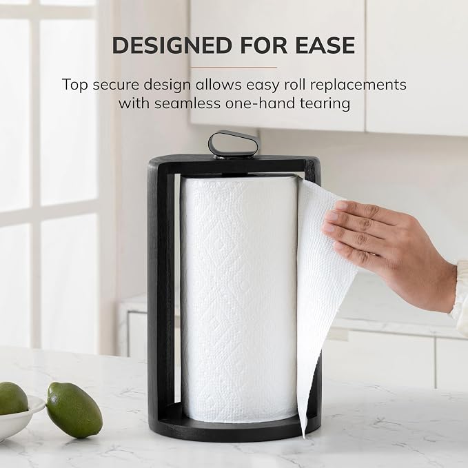 Anji Mountain Wooden Paper Towel Holder with Iron Holder, Holder Stand for Kitchen Roll Organizer & Kitchen Dining Table Home Décor, Countertop Fits Jumbo & Mega Rolls - Black/Black, Top Load