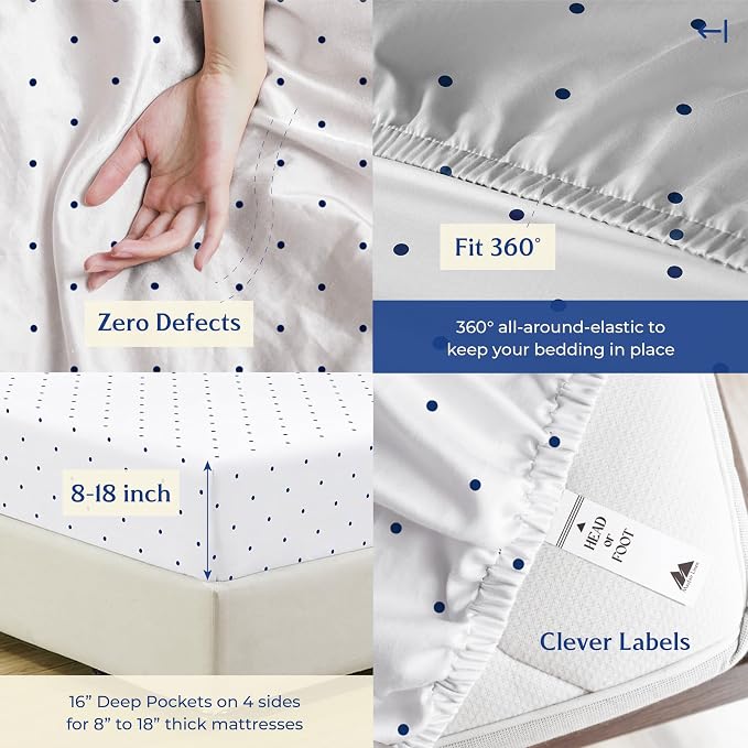 Mayfair Linen 100% Organic Cotton Printed Sheets Full Size - Percale Weave Cotton Full Size Sheet Set (4 PC, Navy Polka Dot), Soft & Crisp, GOTS Certified, Cooling Sheets, 16" Deep Pocket