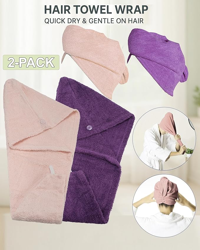 Textila 100% Cotton Hair Wrap Towels for Women (Pack of 2, Plum & Pink) – Soft & Absorbent Turban Towels for Long, Curly, Frizz-Prone Hair