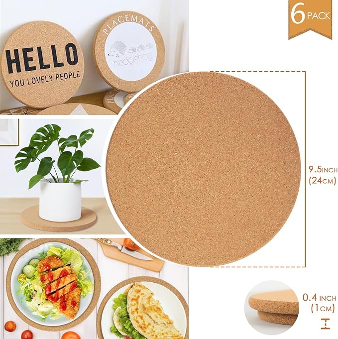 6 Pack Extra Large Cork Trivet, 9.5 Inch High-Density Thick CorkTrivets for Hot Dishes, Heat Resistant Cork Trivets for Hot Pots and Pans Kitchen, Countertop Wooden Table, Coasters