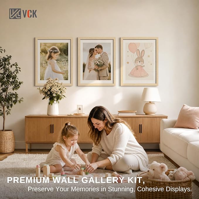 VCK 18x24 Poster Frame 3 Pack - Natural Oak Solid Wood Picture Frames with Exclusive Wood Grain, Wall Hanging