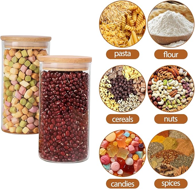 Moretoes 6 Pack 0.6qt Glass Storage Containers with Bamboo Lids, Airtight Food Storage Jars for Pantry, Dry Goods, Flour, Sugar