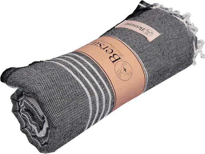 Bersuse Towels Anatolia XL Beach Blanket Throw Blanket Turkish Towel 100% Cotton Extra-Large Quick-Dry Lightweight Premium Peshtemal Towel - 61x82 Inches, Black (Set of 3)