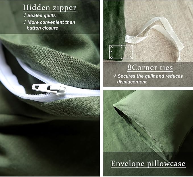 XZ XIFA Green Linen Duvet Cover King, 100% Washed French Flax Linen Bedding with Zipper Closure, Cooling for Hot Sleepers, Textured Bed Sets - 1 Duvet Cover and 2 Pillowcases