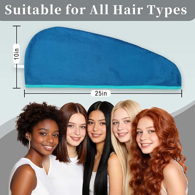 VOOVA & MOVAS Aqua & Blue Microfiber Hair Towel, 2Pcs Button-Free Elastic Loop Hair Turban, Ultra Soft Quick Drying Hair Wrap, Anti Frizz Highly Absorbent Towel
