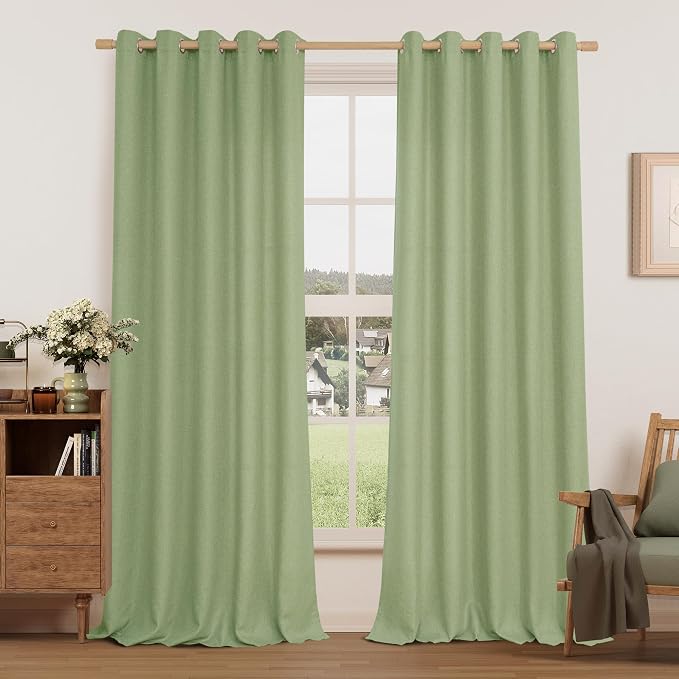 LAMIT Sage Green Linen Textured Curtains for Bedroom, Grommet Thermal Insulated Thick Curtains Light Filtering Panels for Living Room/Outdoor/French Door, Set of 2 Panels, W60 x L84