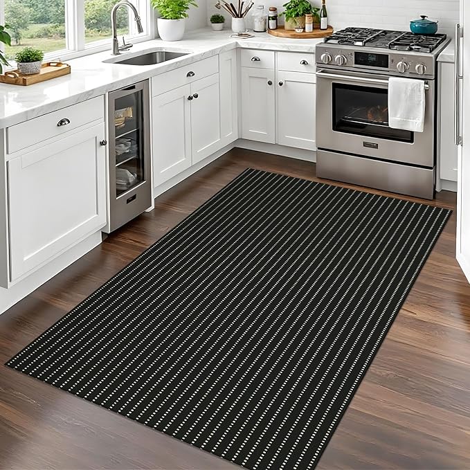 EARTHALL Washable Area Rug 3x5 Ft Non Slip Rugs for Entryway, Non Slip Braided Throw Rugs Door Mat Indoor Outdoor Entrance, Cotton Woven Carpet for Kitchen Foyer Front Door, Black/Cream