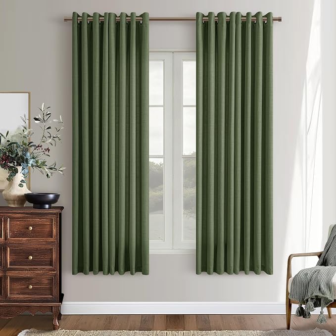 Olive Green Semi Sheer Curtains 63 Inch Length for Living Room 2 Panels Set Flax Linen Light Filtering Bronze Grommet Boho Farmhouse Modern Curtains 63 Inches Long 52x63 Moss Green for Dining Room