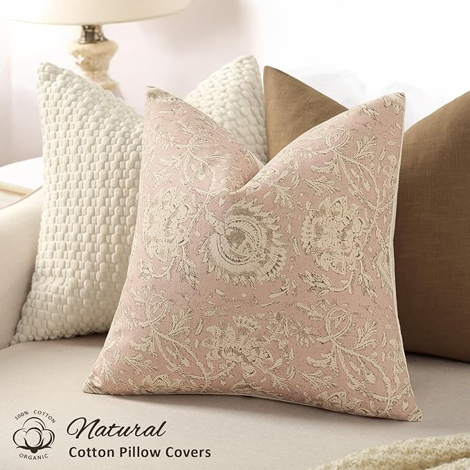 Vintage Floral Print Throw Pillow Covers 24x24 Set of 2 Neutral Modern Farmhouse Pillowcases Accent Decorative Cushion Covers Boho Home Decor for Couch Sofa Chair Bed Living Room, Champagne Pink