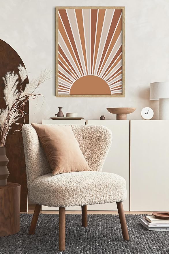Y2K BOO Boho Rising Sun UNFRAMED Wall Art Sunburst Rays Earth Tones Terracotta Mid Century Modern 16x20 Inch Heavyweight Paper Minimalist Aesthetic Decor