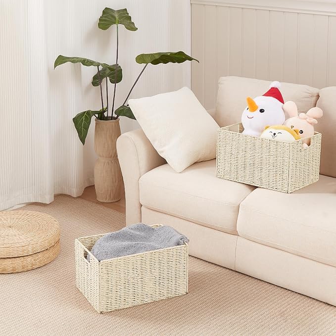 Vagusicc Wicker Storage Basket, Set of 2 Hand-Woven Paper Rope Wicker Basket, Small Storage Baskets for Organizing Toilet Paper Basket, Foldable Large Cube Storage Organizer Bins for Shelves (Beige)