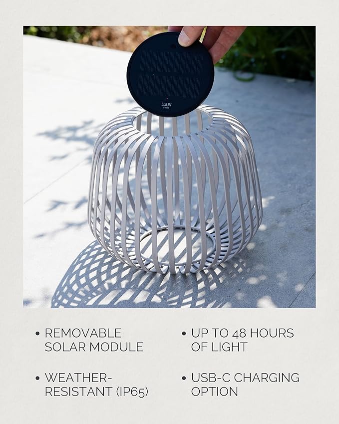 LUUK Studio SOLIS Wireless Solar LED Mood Light, Warm White, 3 Level Dimmable, Indoor Table Lamp, Outdoor Lantern, USB-C Rechargeable, Patio, Bedroom, Contemporary Minimalist Design, Warm Gray, Size S