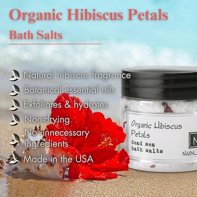 Organic Hibiscus Petals Bath Salts for Women & Men - Dead Sea Salt & Epsom Salt Soak and Scrub - Hibiscus Extract & Natural AHA, Cruelty-Free, Sulfate-Free | 8 oz | Nabila K